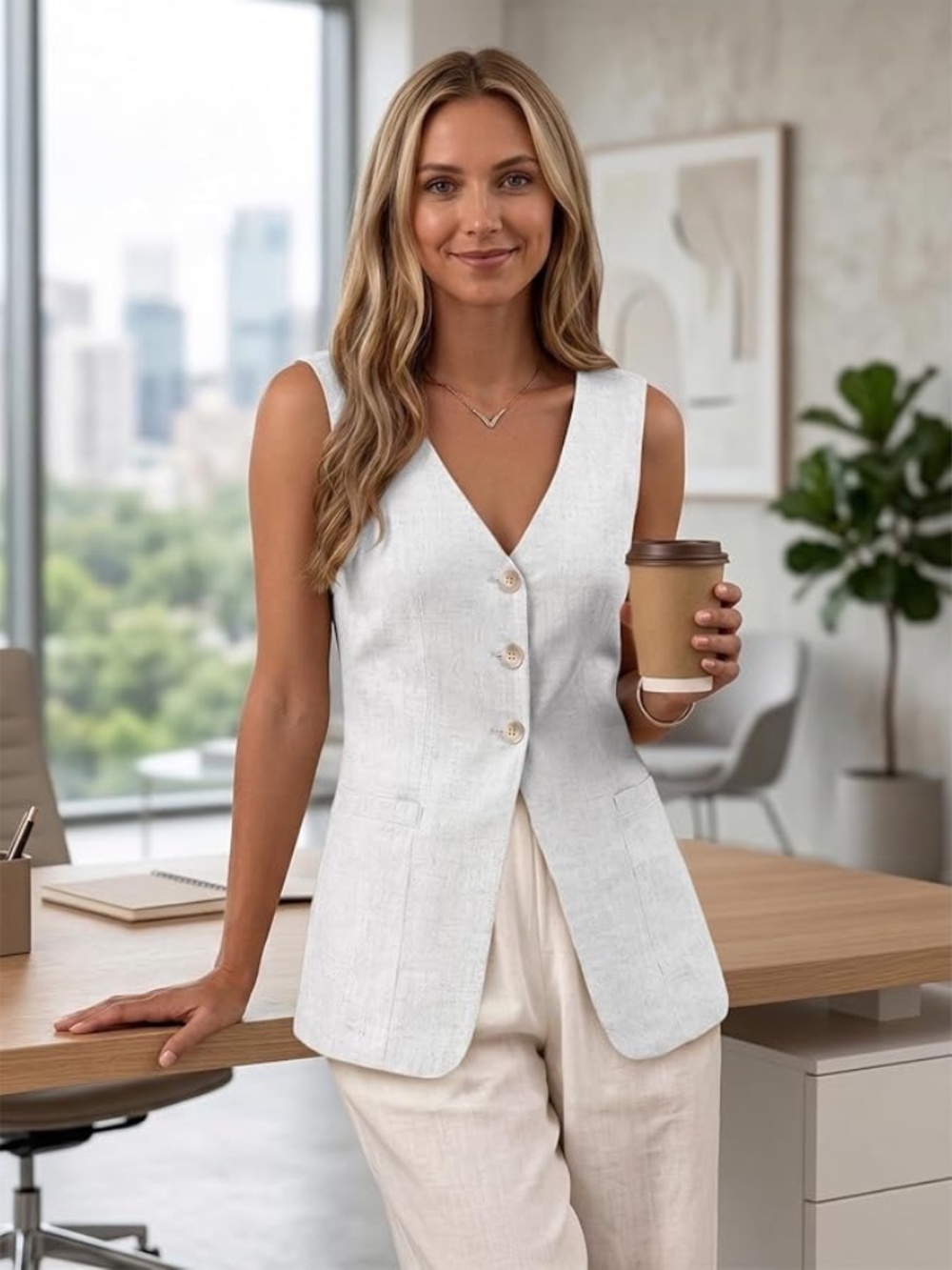 NWOT Mina Self White Linen Blend Longline 3-Button Sleeveless Blazer Vest SZ S